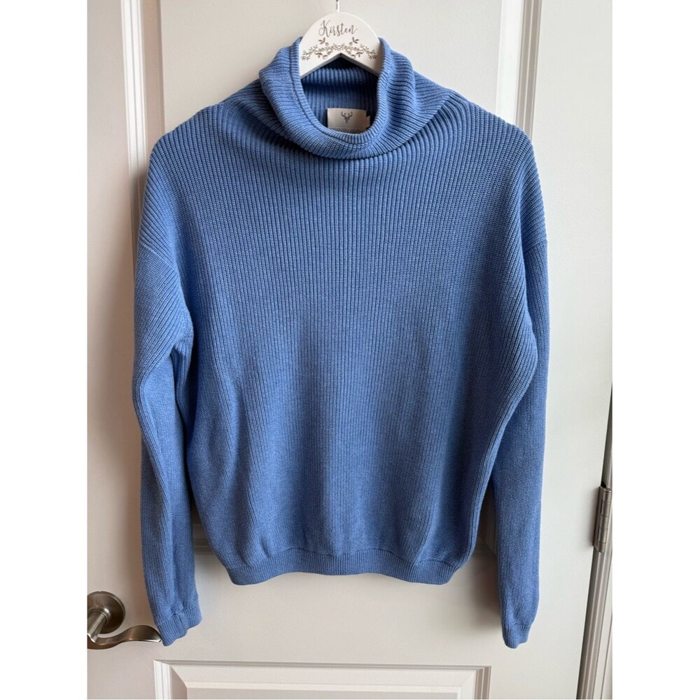 Edinburgh Knitwear Blue Pima Cotton Turtleneck Sweater Fisherman Coastal Medium